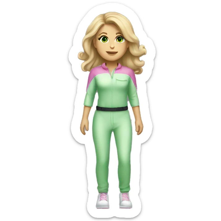 white Woman dark blond hair  pink  full body jumpsuit flying with light green eyes sticker