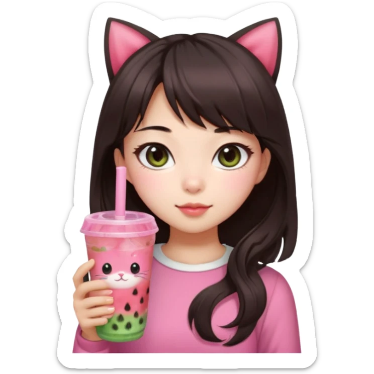 Pale asian girl with cat eyes big pupils with dark brown hair side bangs t the left and layered hair towards the inside with pink bow on hair and pink outfit holding a watermelon bubble tea sticker