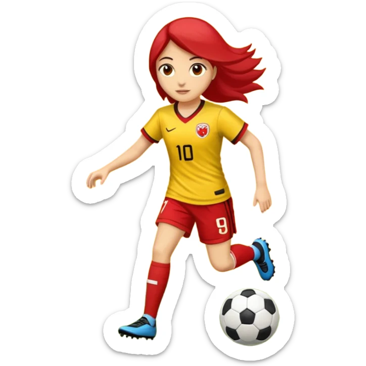 kumral bir kadın sarı kırmızı bir formayla futbol oynuyor sticker