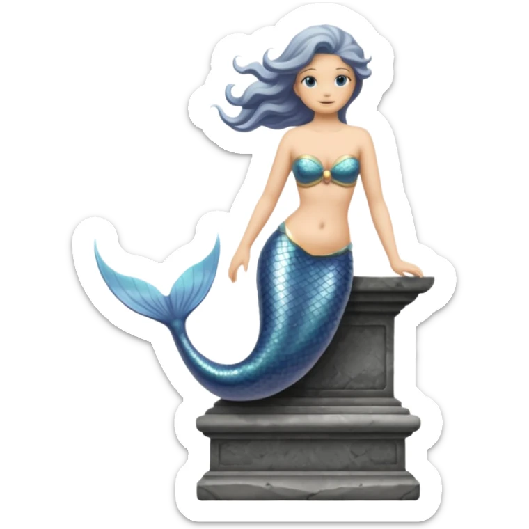 Make a mermaid statue all gray, like of stone and on a pedistal sticker