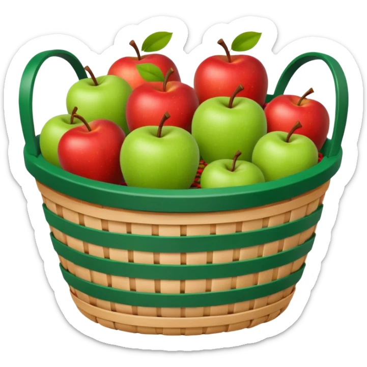 woven basket with apples on a white wooden chair. The basket is lined with checkered cloth, yellow sticker
