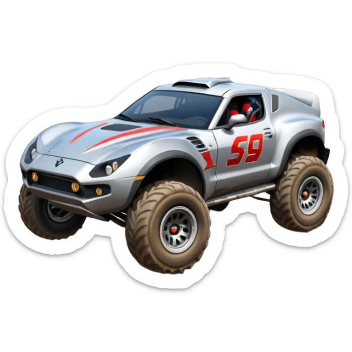 Satan’s (post race) Dirty and dented Local Motors Rally Fighter off road race car flying turning a tight corner (silver wheels) sticker