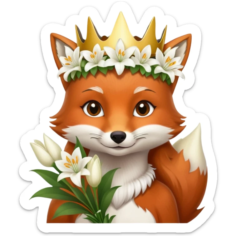A female fox wearing a crown made of Lillie’s holding a bouquet of Lillie’s sticker