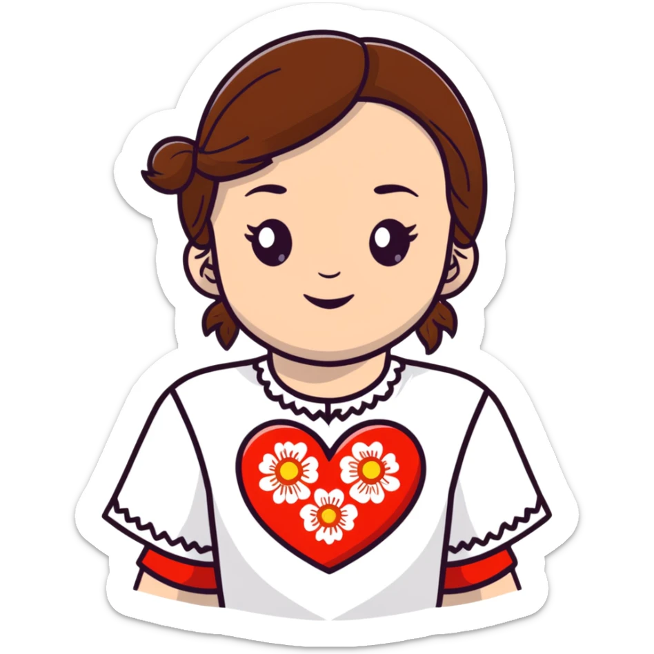 beautiful young girl with brown hair wearing a white Ukrainian embroidered shirt with a big heart design sticker