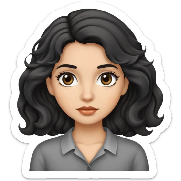 woman face with big grey eyes, medium skin tone, and black wavy hair sticker