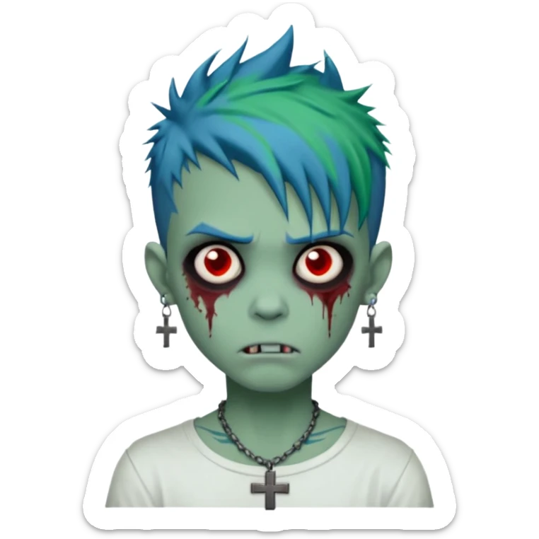 zombie boy with spiky emo blue hair and white shirt , tattos, a risk on the eyebrow, earings,  a necklace with a cross, green skin, shaggy, dark, spooky, creepy expression emoji  sticker