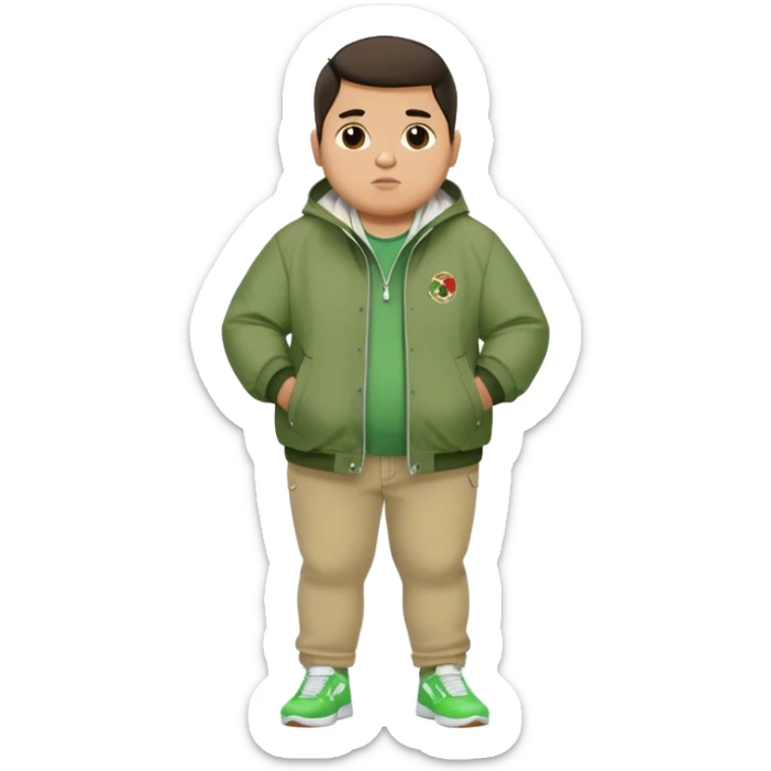 Fat mexican boy with green jacket, skinny khaki jeans, and white nikes sticker