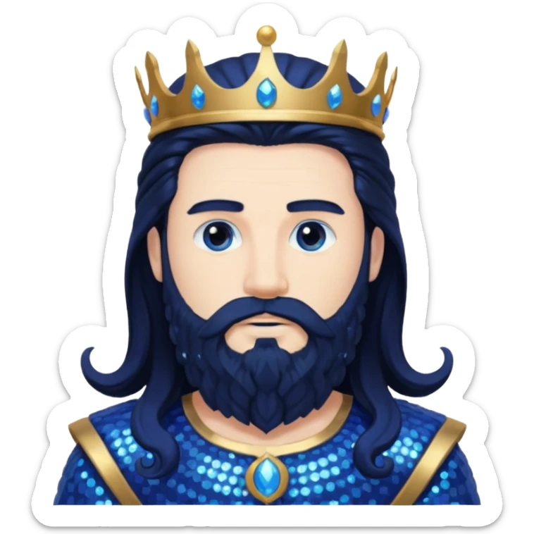Neptune, King of the Sea from Gods and Goddesses with long black hair and beard, cobalt blue sequin outfit sticker