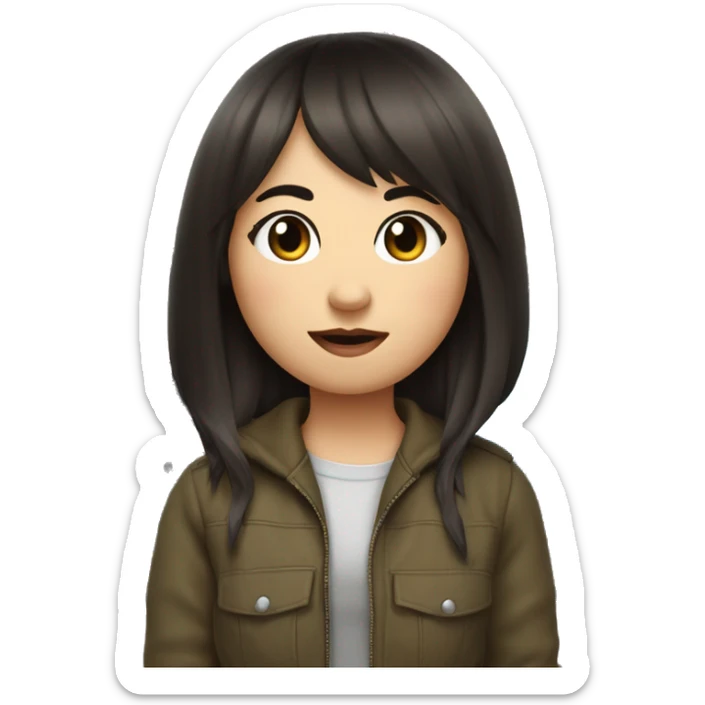 Make an emoji girl with dark hair and bangs on the side with arrows on her eyes holds a microphone of the TV channel «Russia -1» sticker