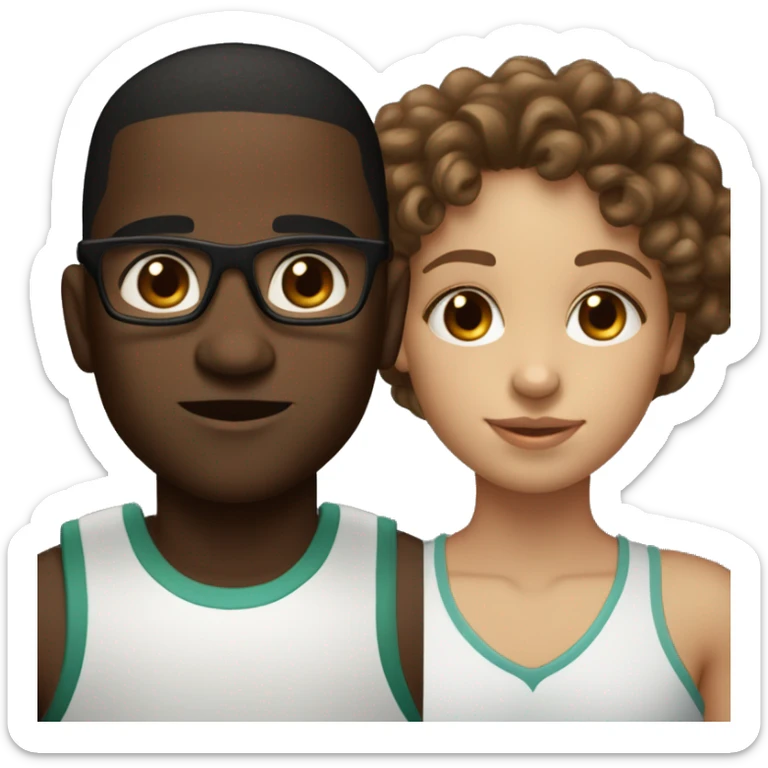 A light skinned girl with brown eyes, long straight light brown hair and glasses who is with a dark skinned basketball boy with brown eyes and curly hair with no glasses sticker
