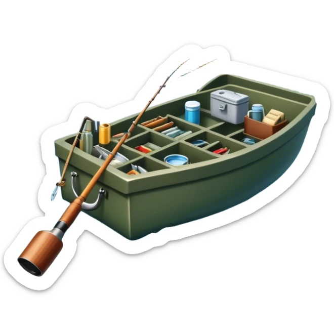 Icon for Fishing: a boat on the shore of a peaceful water body with a beautiful natural landscape, a fishing tackle box, a spinning rod. The icon should capture the tranquility and gear of a fishing adventure. Without frame. Transparent background. sticker