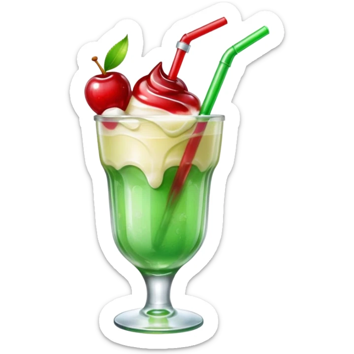 Create an emoji with a clear rounded glass, bright transparent green soda with fine bubbles, a smooth vanilla scoop, a glossy red cherry, and a red straw, using vibrant colors, soft shading, and clear glass highlights.
 sticker