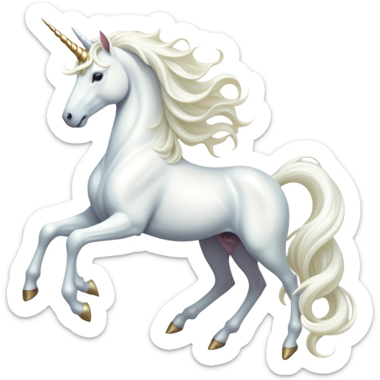 cinematic-noble-white-unicorn-full body-emoji,-poised-and-regal,-with-a-slender,-ethereal-form-draped-in-a-pristine-white-color,-a-flowing-mane-and-tail,-and-a-glistening,-spiraled-horn-that-radiates-pure-light,-simplified-yet-sharp-and-majestic, zoomed out to show a majestic unicorn sticker