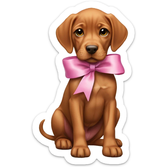 A female vizla puppy with a pink ribbon around her neck sticker