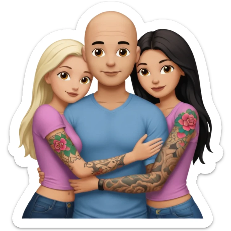 throuple tattooed sleeves bbald male with topless naked big boobed brunette and topless naked big boobed blonde girlfriends  loving  and sexy polygamy sticker