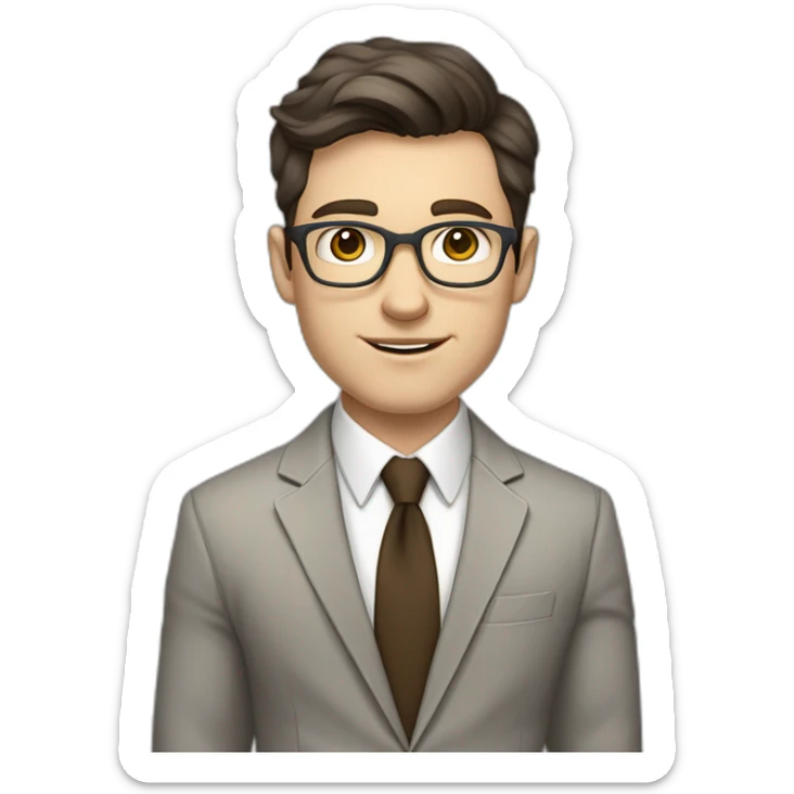 Pale skinned fit man with dark brown hair in gray jacket, beige office shirt, brown tie, brown pants and vintage glasses Writing on the tablet sticker