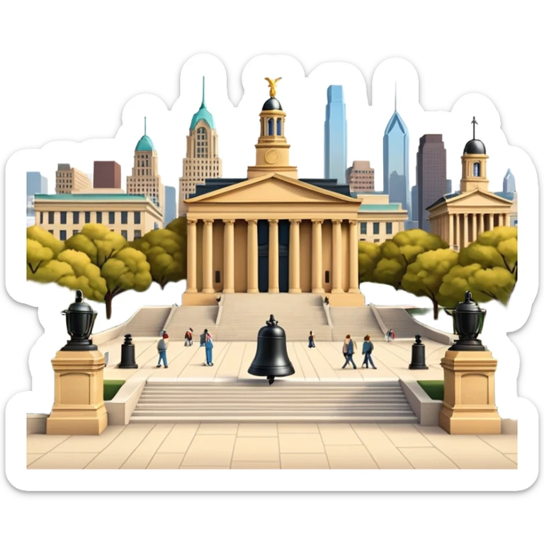 cinematic realistic emoji of Philadelphia with wide city view featuring iconic landmarks Liberty Bell Independence Hall Philadelphia Museum of Art Rocky Steps city skyline lifelike detail accurate colors bright daytime lighting no sky no clouds transparent background sticker