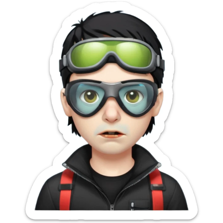 Zombie Emoji AppleIOS Style, lowfade Black Hair, Ski Goggles on right slide of The Head, and Black T-shirt sticker