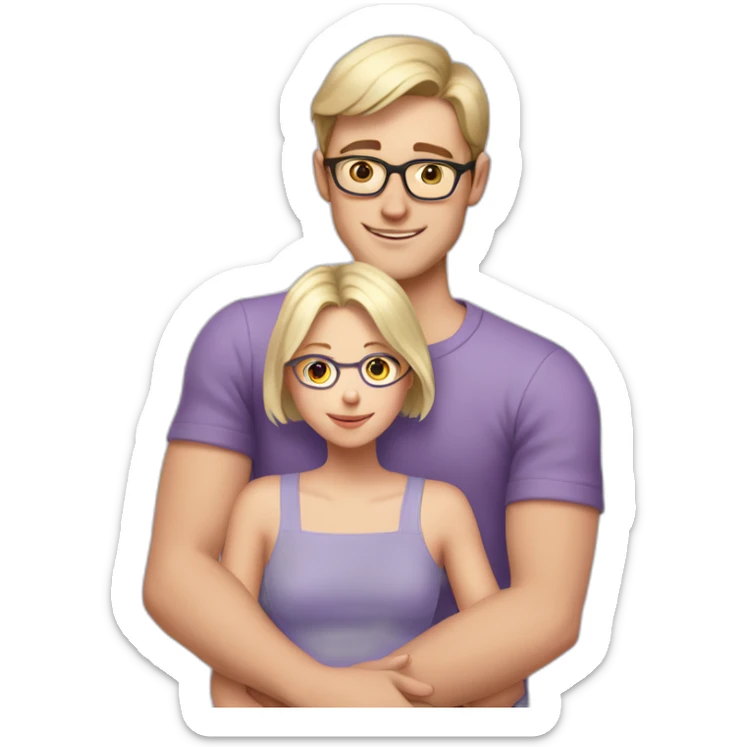  white boy with short brown hair and glasses hugs a blonde girl without glasses in a lavender top sticker