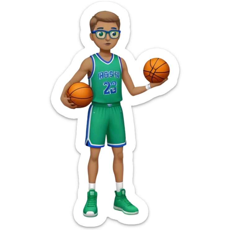 full body white male basketball wearing glasses in blue an green uniform sticker