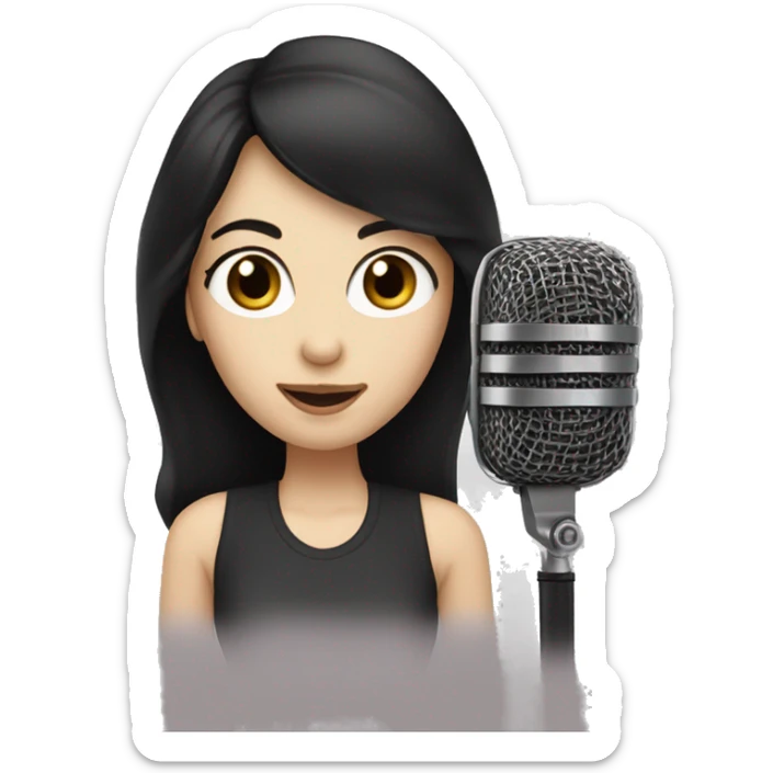 a woman with long black-brown hair, hazel eyes, pale skin, singing into a microphone sticker