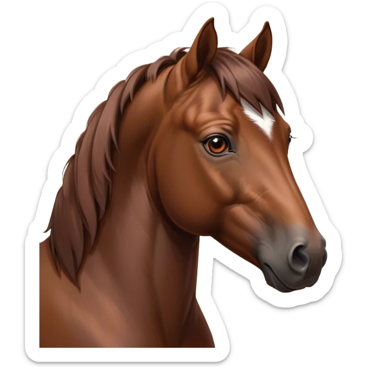 Cinematic Noble Brown Welsh Pony Portrait Emoji, Poised and sturdy, with a well-muscled build draped in a rich, chestnut-brown color, expressive eyes and a gracefully refined head with a gentle, noble profile, Simplified yet sharp and sophisticated features, highly detailed, glowing with a warm, earthy glow, high shine, intelligent and resilient, stylized with an air of pastoral elegance, focused and determined, soft glowing outline, capturing the essence of a watchful and confident brown Welsh pony that appears ready to gallop out of the screen with effortless strength! sticker