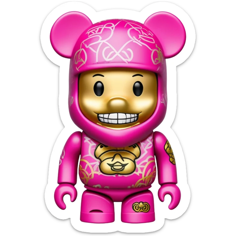 bearbrick toy figure wearing a bright pink balaclava with big pouty lips and gold grillz teeth visible, decorated with luxury brand logos and graffiti style patterns on its body sticker