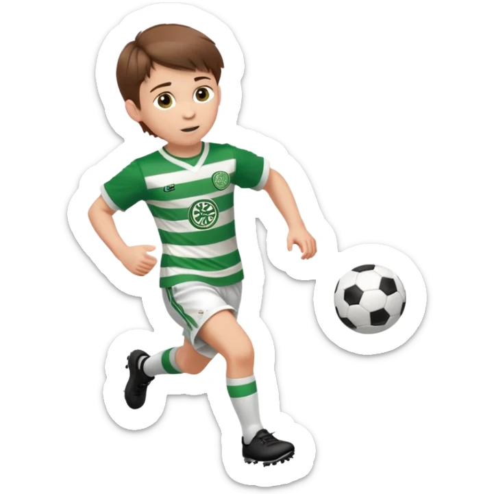 Celtic footballer jersey logo  6 years old brown hair white boy , brown eyes , stripes uniform , RUNNING  with soccer ball # 17 celtic football logo  ONE CELTIC LOGO ONLY white shorts sticker