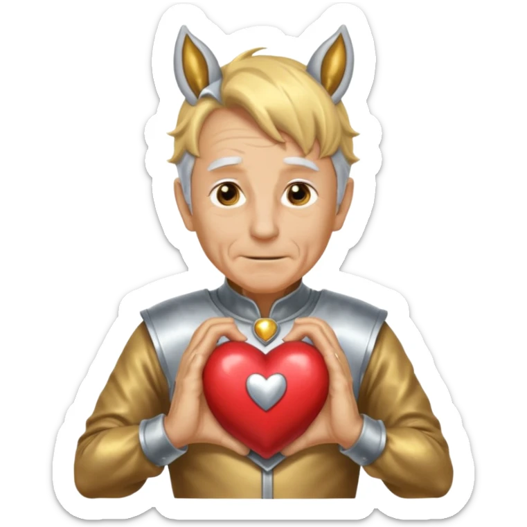 An elderly man with golden skin, his body shining like polished metal, wearing a horse cosplay costume with horse ears and a tail. He is making a heart shape with his hands and blushing slightly, showing a shy and embarrassed expression. sticker