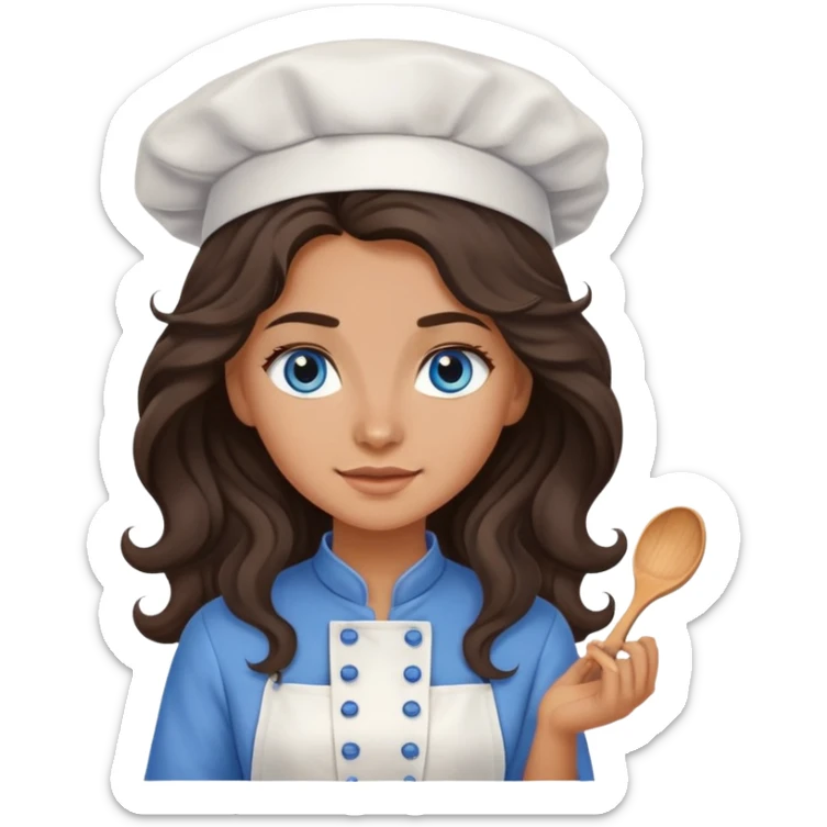 A girl with long, dark brown, wavy hair, grey-blue eyes. He cooks in the clothes of a cook sticker