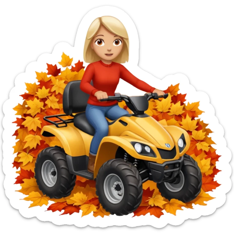 Girl driving a four wheeler through a pile of fall leaves sticker