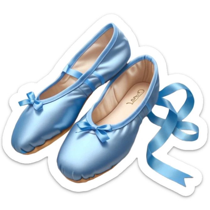 cinematic-realistic-ballet-shoes,-soft-satin-blue-pointe-shoes-with-delicate-ribbons,-resting-gently-on-a-polished-wooden-floor,-subtle-creases-in-the-fabric,-glowing-under-the-warm-golden-light-of-a-rehearsal-studio,-evoking-ele sticker