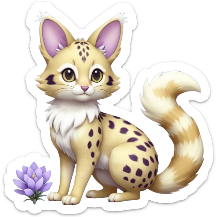 Hyper realistic  frost-lavender fur kissed with pale moon-silver dewshine beautiful elegant pretty precious cute  Fakémon-Pokémon-opossum-serval-caracal-Ocelot-Minccino-hybrid-creature with a big fluffy bushy tail (full body) sticker