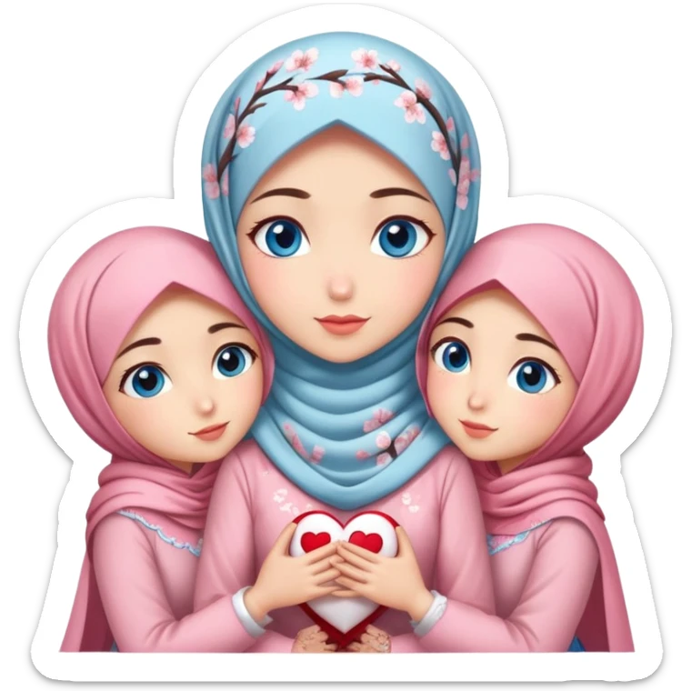 Four sister hugs Turkish girls beautiful finish Konya blue eyes with cherry blossom hijab and heart dress and hugs  sticker