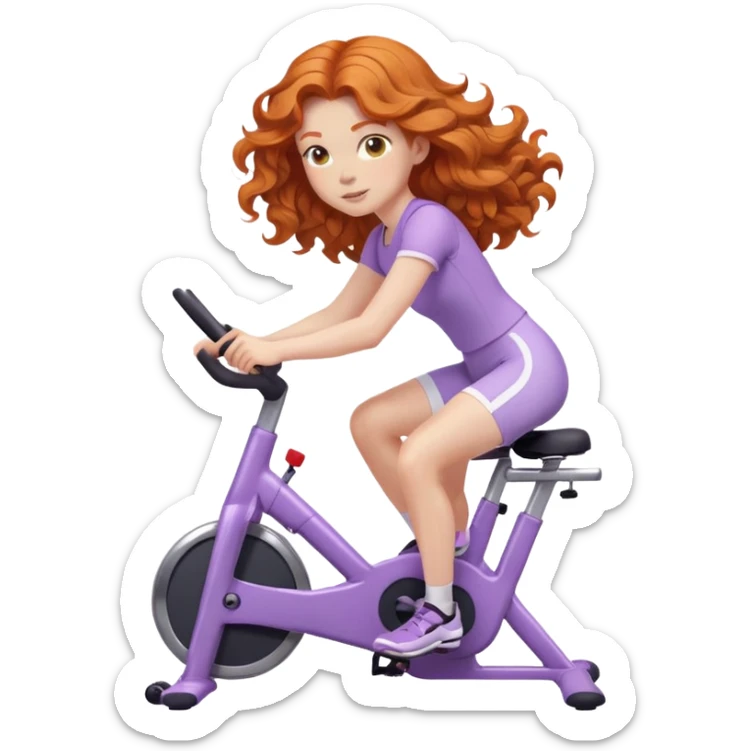 Ginger girl wavy hair riding stationary bike lilac outfit sticker