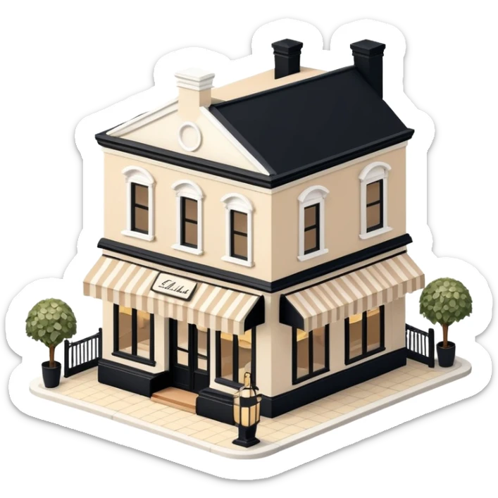 Isometric exterior little black, beige, and white fancy restaurant dollhouse style 3D realistic  sticker