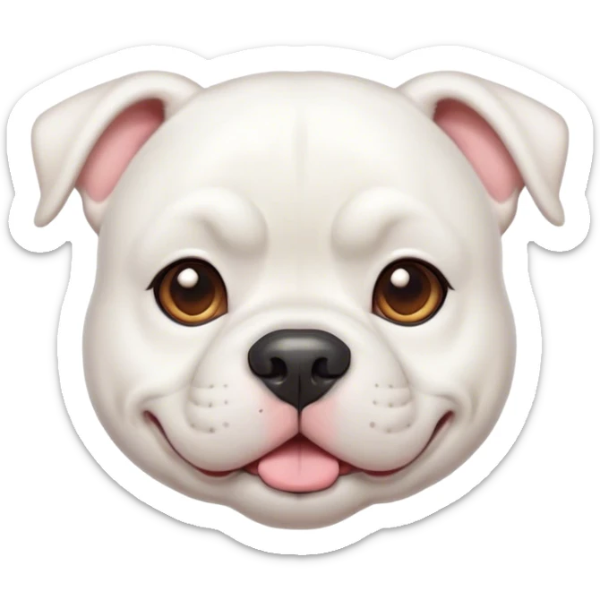 Cinematic Cute White American Bulldog Portrait Emoji, Head tilted playfully and inquisitively, smooth white fur with a healthy sheen, round, sparkling brown eyes filled with curiosity, Simplified yet irresistibly adorable features, highly detailed, glowing with a warm, friendly glow, high shine, affectionate and lively, stylized with a touch of whimsy, bright and endearing, soft glowing outline, capturing the essence of a mischievous yet loving pup, so playful it feels like it could bound out of the screen and into your arms! sticker
