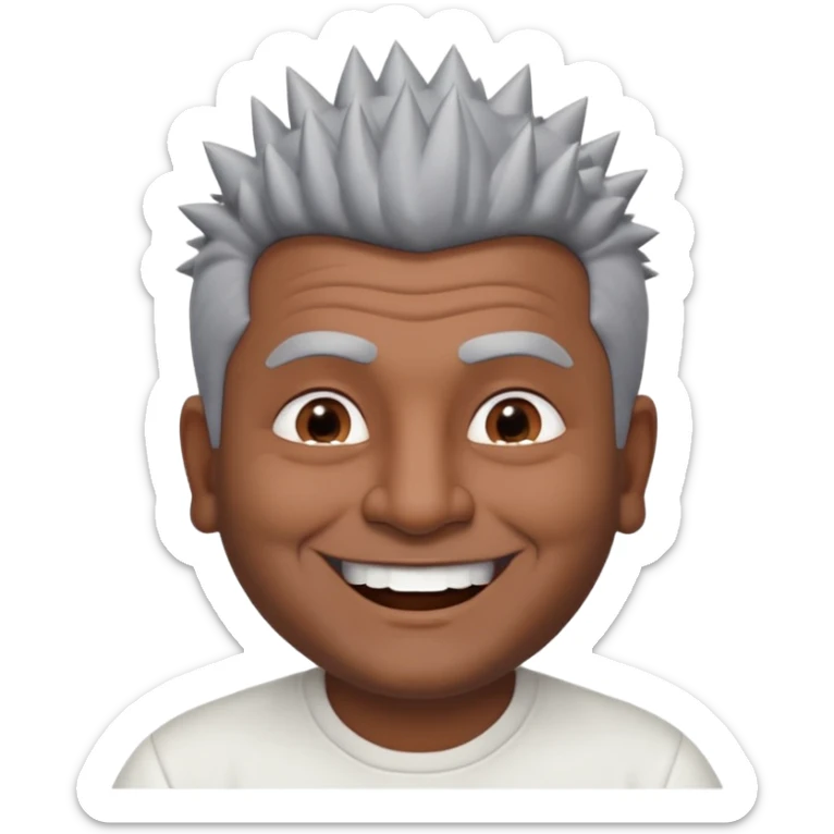 50 yr old indian man, dark skin, grey hair, big smile, white teeth, chubby, no moustache, clean shaven, spiky hair sticker