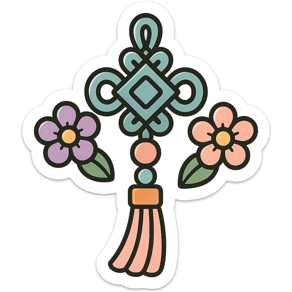 Chinese happiness knot with floral decor, icon-color-outlined style, detailed shadows and highlights, thin clean contours, soft rounded shapes, pastel palette #98B5BC, #B5B3C1, #C9A3C9, #E4C0CA, #F7DCD1, #F7C0AA, modern Japanese pop art and sticker aesthetics, high detail, vector sharpness, soft lighting, transparent background sticker