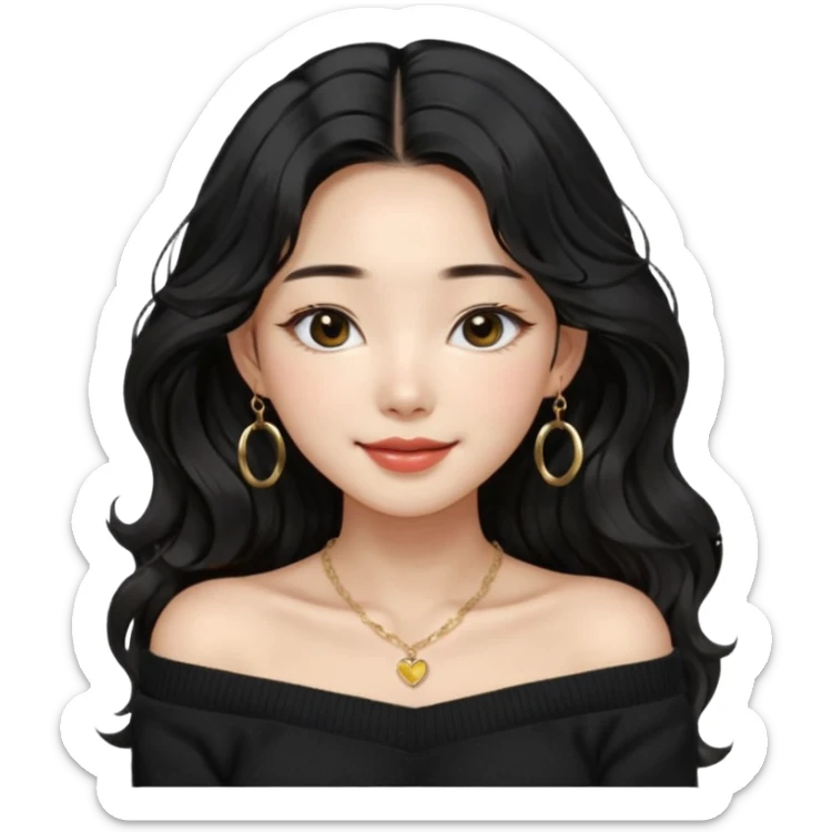 A South Korean girl with long, dark black wavy hair with middle part and layers. She is wearing a black off the shoulder long sleeve knit sweater, small gold hoop earrings and thin gold necklace. She is sweet and smiling with lips together sticker
