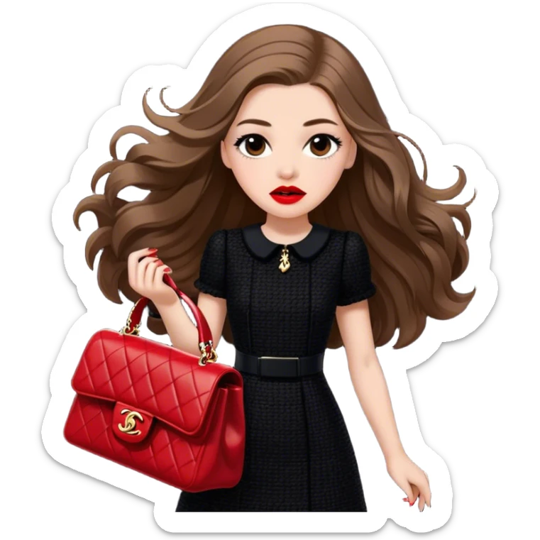 White girl with brown long hair dressed up in black chanel tweed dress carrying a red chanel bag and wearing red lipstick. Close up shot with wind blowing her hair looking fancy sticker