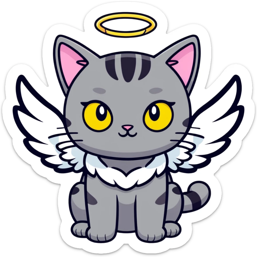 Dark gray short haired domestic cat with light pink ears and greenish-yellow eyes with angel wings  sticker