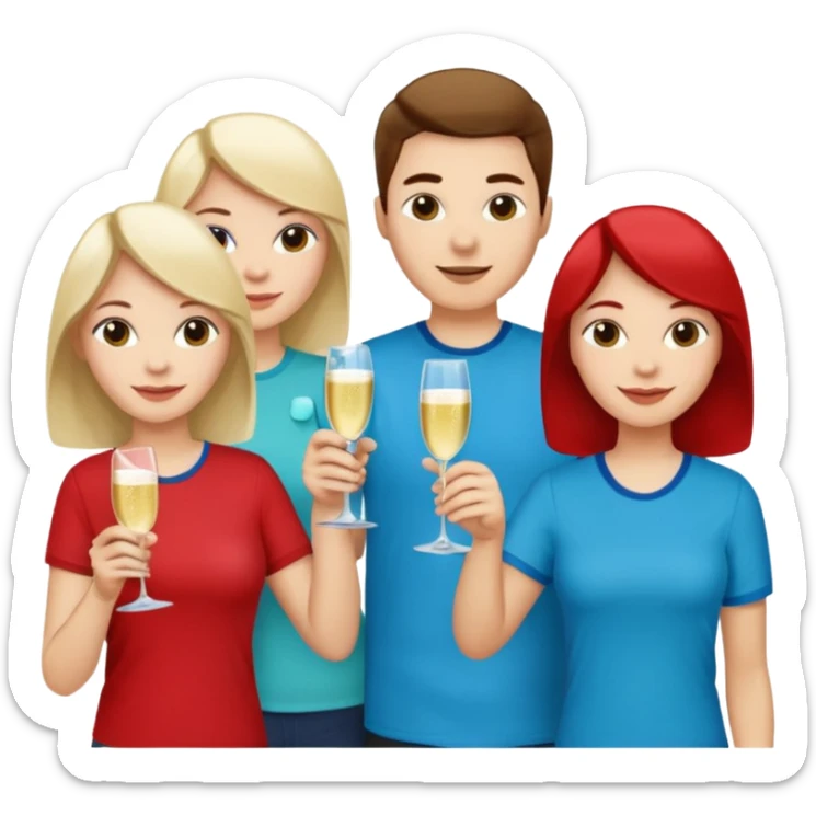 A large crowd of adults in casual clothing with red, aqua and blue shirts with drinks chatting at an afterwork meeting sticker