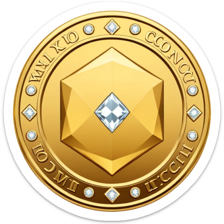 Create a high-quality 3D render of a shiny yellow/gold coin. In the center of the coin, place a diamond-shaped logo (“wajik”). Around the logo, engrave the text “Rusoconnect Network” in a circular layout. sticker