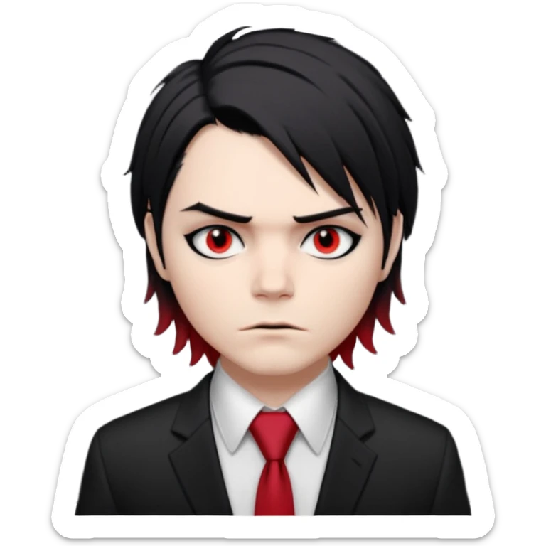 Gerard Way (Revenge Era)
Round, simplified emoji style
Pale skin tone
Jet-black, shoulder-length hair messy and emo
Heavy eyeliner and slight red shadow under the eyes
Subtle serious
Hint of red tie visible on black button up shirt.
Transparent background. Black eyeliner. Messy emo hair sticker