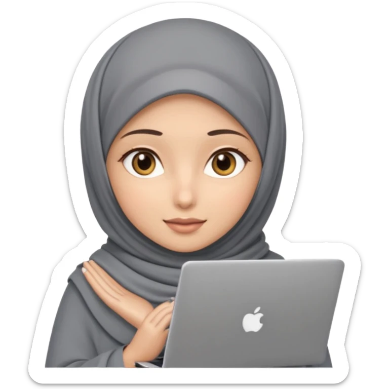 A girl wearing a gray hijab and with hazel eyes is carrying a laptop, not a laptop, just a regular laptop. Not mat bock  sticker