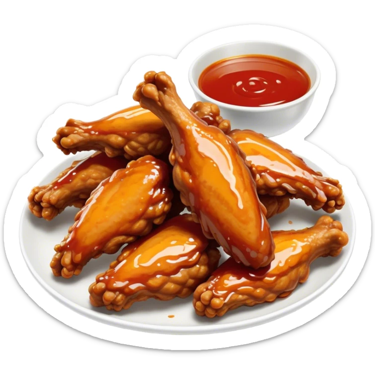 Cinematic crispy chicken wings, golden-brown and glazed with spicy sauce, crunchy coating, juicy inside, piled high with dipping sauce on the side, ultra-realistic and mouthwatering, inviting and bold. sticker