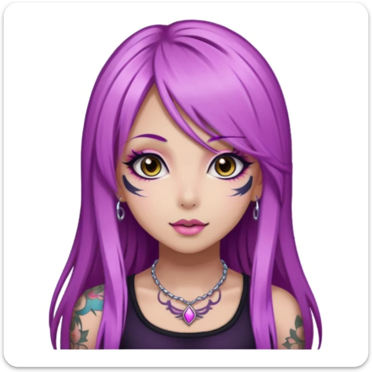 hime gyaru girl, long straight pink and purple hair, tattoos, dark makeup, dark background sticker