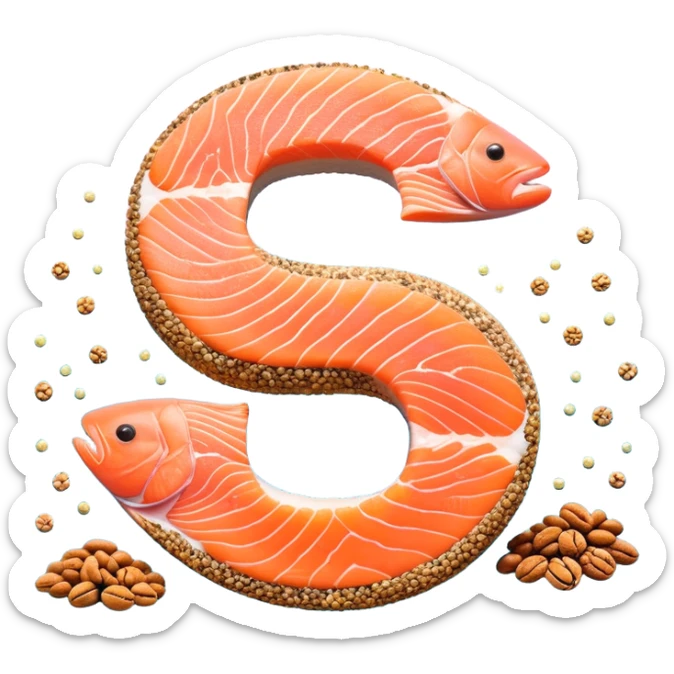 Floating arrangement of omega-3 rich foods: fresh salmon fillets, walnuts, flaxseeds, chia seeds and golden omega-3 capsules, all emitting a soft golden glow. The foods orbit around a central shimmering omega symbol, with gentle flowing energy connecting them. sticker