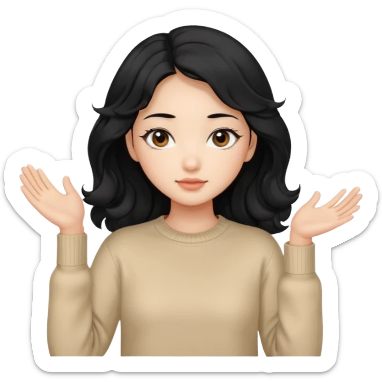 Beautiful girl,Black hair,wavy hair，long hair,Black eyes,Chinese, beige sweater  sticker